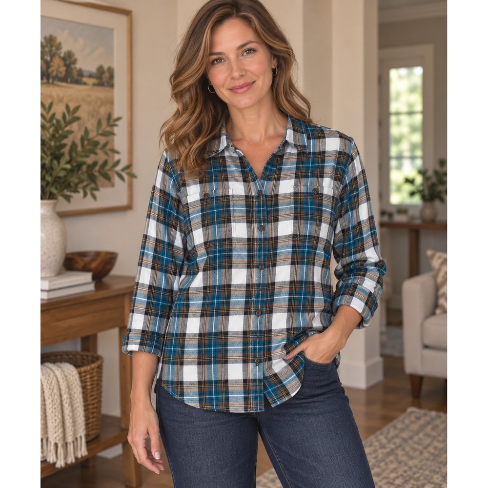 Duluth Trading Co Cotton Plaid Flannel Button Shirt Womens L Blue Brown Autumn